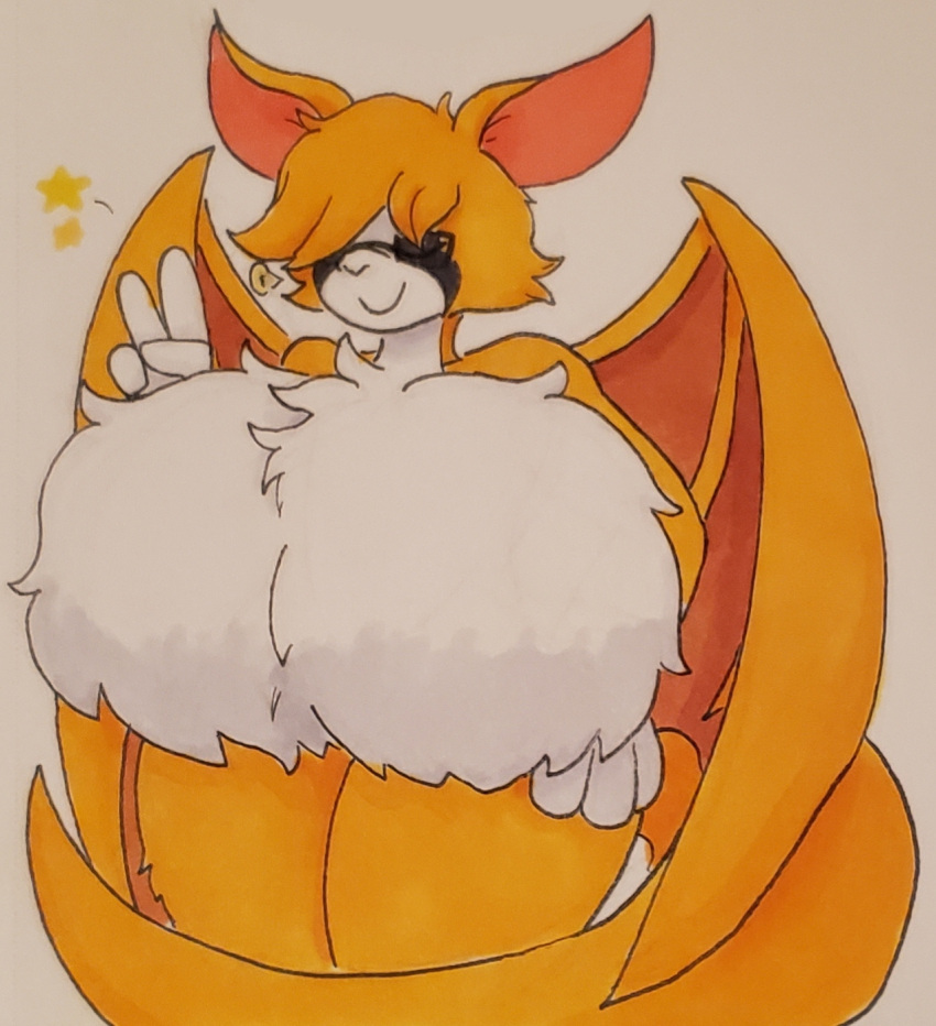 anthro big_breasts breasts chiropteran dust:_an_elysian_tail eyes_closed eyewear female fidget fur glasses hair hi_res huge_breasts jumneyarts mammal membrane_(anatomy) membranous_wings nimbat orange_body orange_fur orange_hair proton_jon solo video_games wings