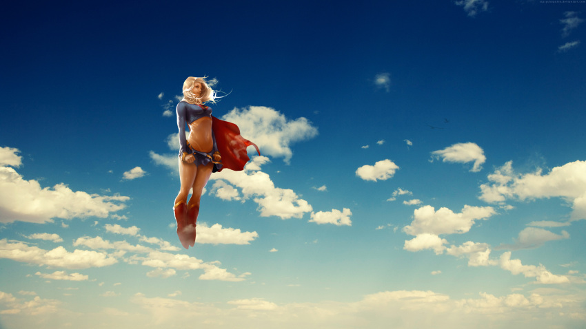 1girl belt blonde_hair blue_sky boots cape cloud dc_comics floating floating_hair highres midriff navel red_cape skirt sky solo supergirl tan tanline undressing