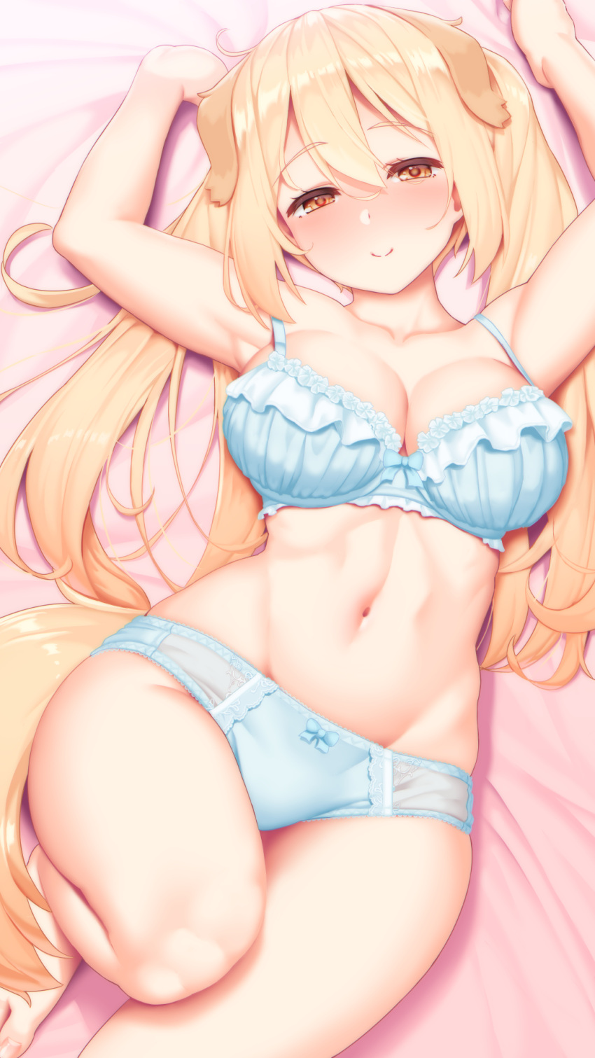 1girl animal_ears armpits arms_up bangs barefoot bed_sheet blonde_hair blue_bra blue_panties blush bow bow_panties bra breasts collarbone commentary_request dog_ears dog_girl eyebrows_visible_through_hair groin hair_between_eyes highres large_breasts long_hair looking_at_viewer lying navel on_back orange_eyes original panties smile solo stomach tachimi_(basue) twintails underwear underwear_only