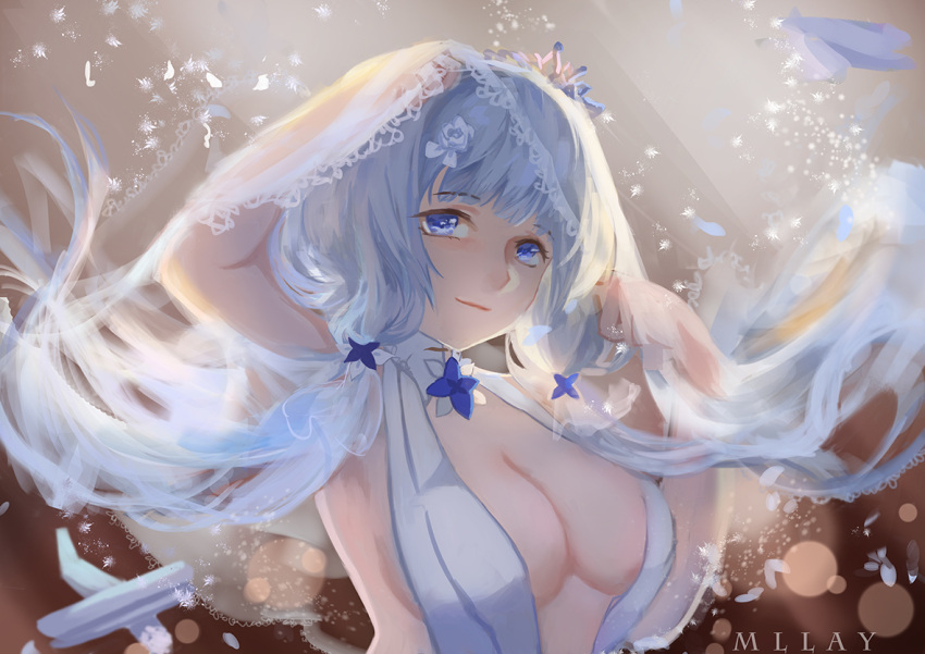 1girl aircraft airplane artist_name azur_lane bare_shoulders biplane blue_eyes breasts bridal_veil center_opening dress eyebrows_visible_through_hair flower hair_ribbon halter_dress halterneck illustrious_(azur_lane) illustrious_(morning_star_of_love_and_hope)_(azur_lane) large_breasts long_hair looking_at_viewer mllay official_alternate_costume ribbon see-through silver_eyelashes sleeveless sleeveless_dress tri_tails veil wedding_dress white_dress white_flower white_hair