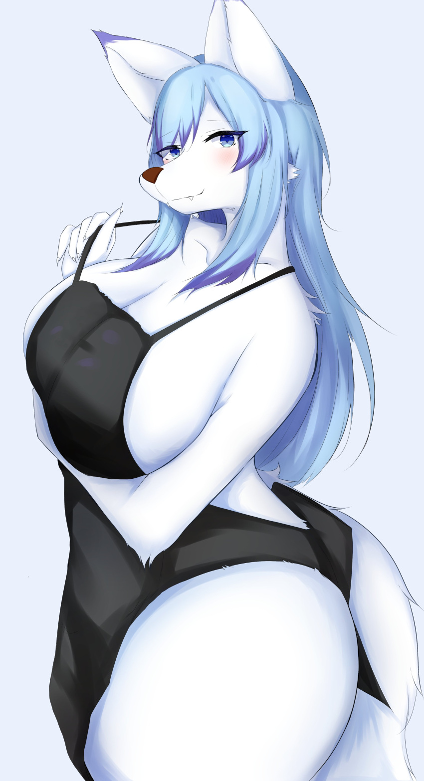 absurd_res anthro apron apron_only arctica_lily big_breasts blue_eyes blue_hair blush breasts canid canine cleavage clothed clothing female hair hi_res kyuukon mammal mostly_nude solo teasing white_body