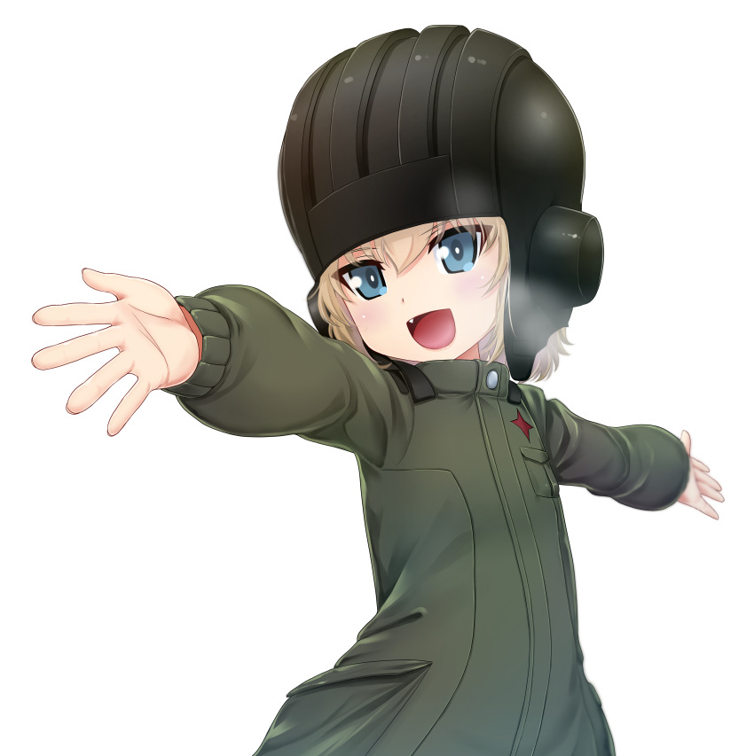 1girl :d absurdres bangs black_headwear blonde_hair blue_eyes bob_cut breath commentary excel_(shena) fang girls_und_panzer green_jumpsuit helmet highres insignia jumpsuit katyusha_(girls_und_panzer) long_sleeves looking_at_viewer open_mouth outstretched_arms pravda_military_uniform short_hair simple_background smile solo spread_arms standing tank_helmet white_background