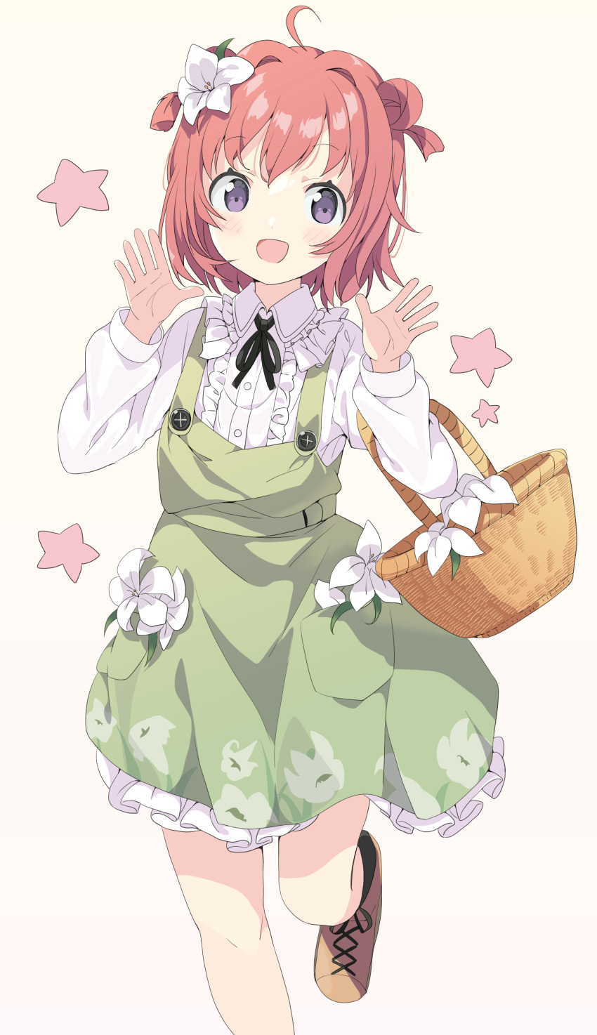 1girl :d absurdres ahoge akaza_akari bangs basket black_legwear blush brown_background brown_footwear brown_hair center_frills collared_shirt commentary_request double_bun dress eyebrows_visible_through_hair flower frilled_dress frilled_shirt frills green_dress hair_flower hair_intakes hair_ornament hands_up highres long_sleeves looking_at_viewer open_mouth purple_eyes revision shirt shoes sleeveless sleeveless_dress smile socks solo standing standing_on_one_leg star_(symbol) tantan_men_(dragon) two_side_up white_flower white_shirt yuru_yuri