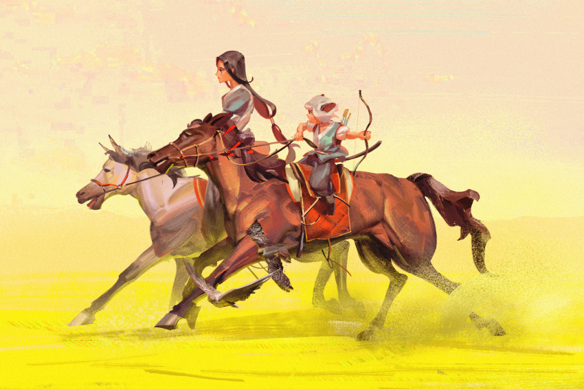 2boys animal_ears arrow_(projectile) bow_(weapon) cat_boy cat_ears cat_tail highres holding holding_bow_(weapon) holding_weapon horse horseback_riding long_hair low-tied_long_hair luoxiaohei moryapanima multiple_boys profile riding sand short_hair short_sleeves tail the_legend_of_luo_xiaohei very_long_hair weapon wuxian_(the_legend_of_luoxiaohei)