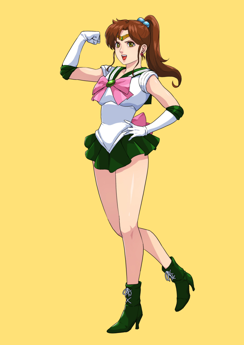 1girl absurdres ankle_boots back_bow bishoujo_senshi_sailor_moon boots bow breasts brown_eyes brown_hair choker cirenk commission cross-laced_footwear elbow_gloves full_body gloves green_choker green_footwear green_sailor_collar green_skirt hair_ornament highres inner_senshi kino_makoto lace-up_boots large_breasts long_hair miniskirt open_mouth pink_bow pleated_skirt ponytail sailor_collar sailor_jupiter sailor_senshi sailor_senshi_uniform skirt solo tiara yellow_background