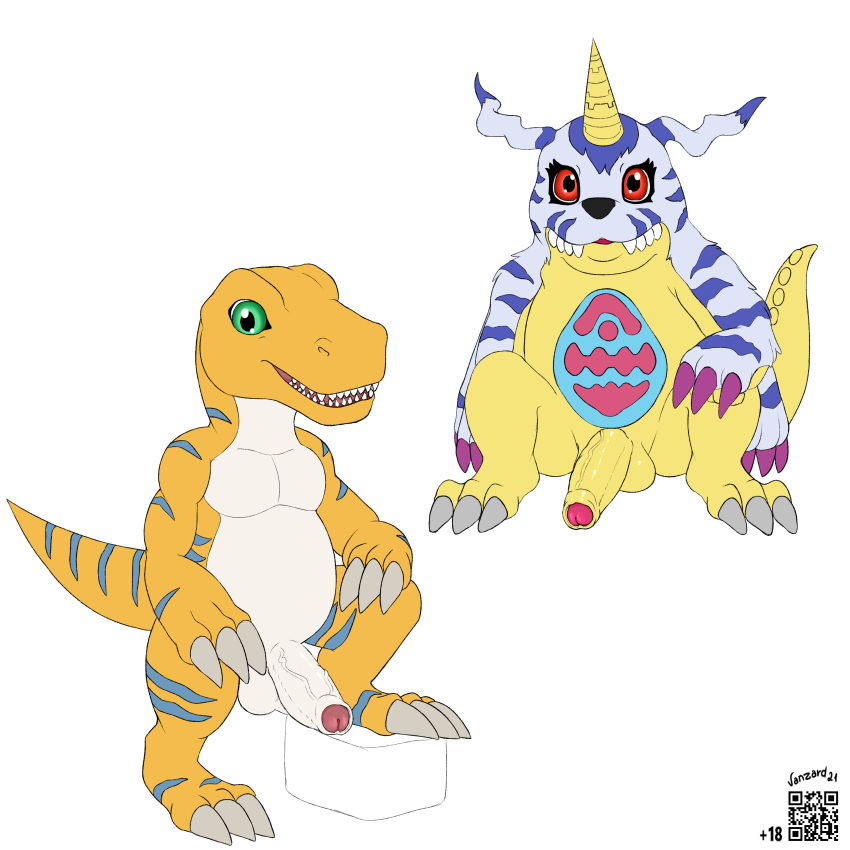 1:1 absurd_res agumon_x alternate_version_at_source animal_skin anthro balls claws digimon digimon_(species) duo foreskin gabumon genitals green_eyes hi_res horn humanoid_genitalia humanoid_penis male markings penis qr_code red_eyes stripes vanzard vein yellow_body