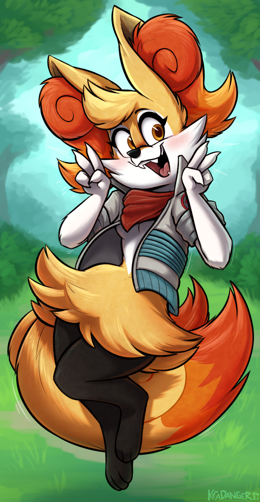 2021 absurd_res anthro braixen breasts clothing digitigrade ear_tuft fangs female forest fur hi_res jacket keadonger looking_at_viewer nintendo orange_body orange_fur outside paws plant pok&eacute;mon pok&eacute;mon_(species) scarf solo topwear tree tuft under_boob video_games white_body white_fur yellow_body yellow_fur