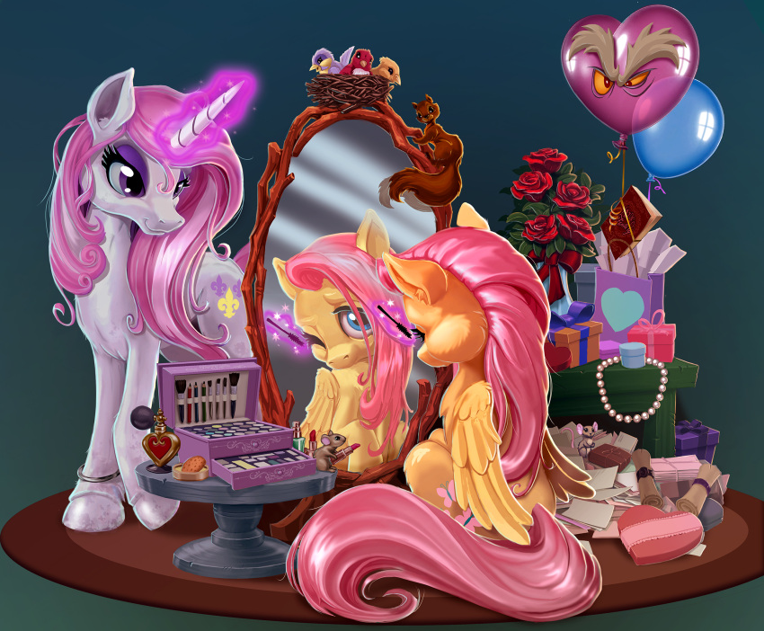 avian balloon bird book box bracelet cutie_mark discord_(mlp) equid equine eyebrows eyeliner eyeshadow female fleur-de-lis fleur_de_lis_(mlp) fluttershy_(mlp) friendship_is_magic gift hair harwick hasbro hi_res horn jewelry letter lipstick makeup mammal mirror mouse murid murine my_little_pony necklace pegasus perfume pink_hair purple_eyes purple_eyeshadow raised_eyebrow reflection rodent rose_(disambiguation) sciurid scroll unicorn wings