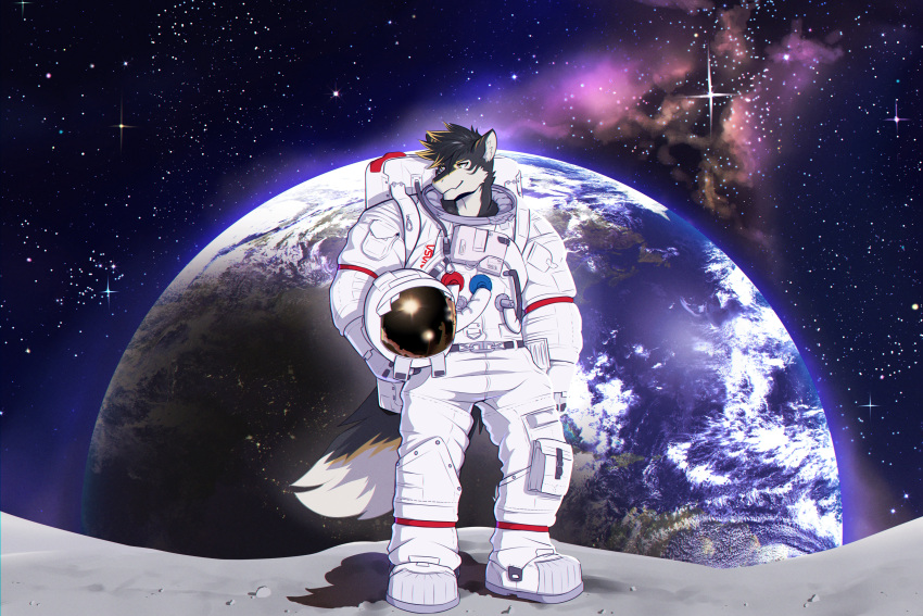 3:2 absurd_res anthro black_body black_fur black_hair blonde_hair detailed_background earth emule fur hair hi_res male moon nasa solo space vortiganshine white_body white_fur yellow_body yellow_eyes yellow_fur