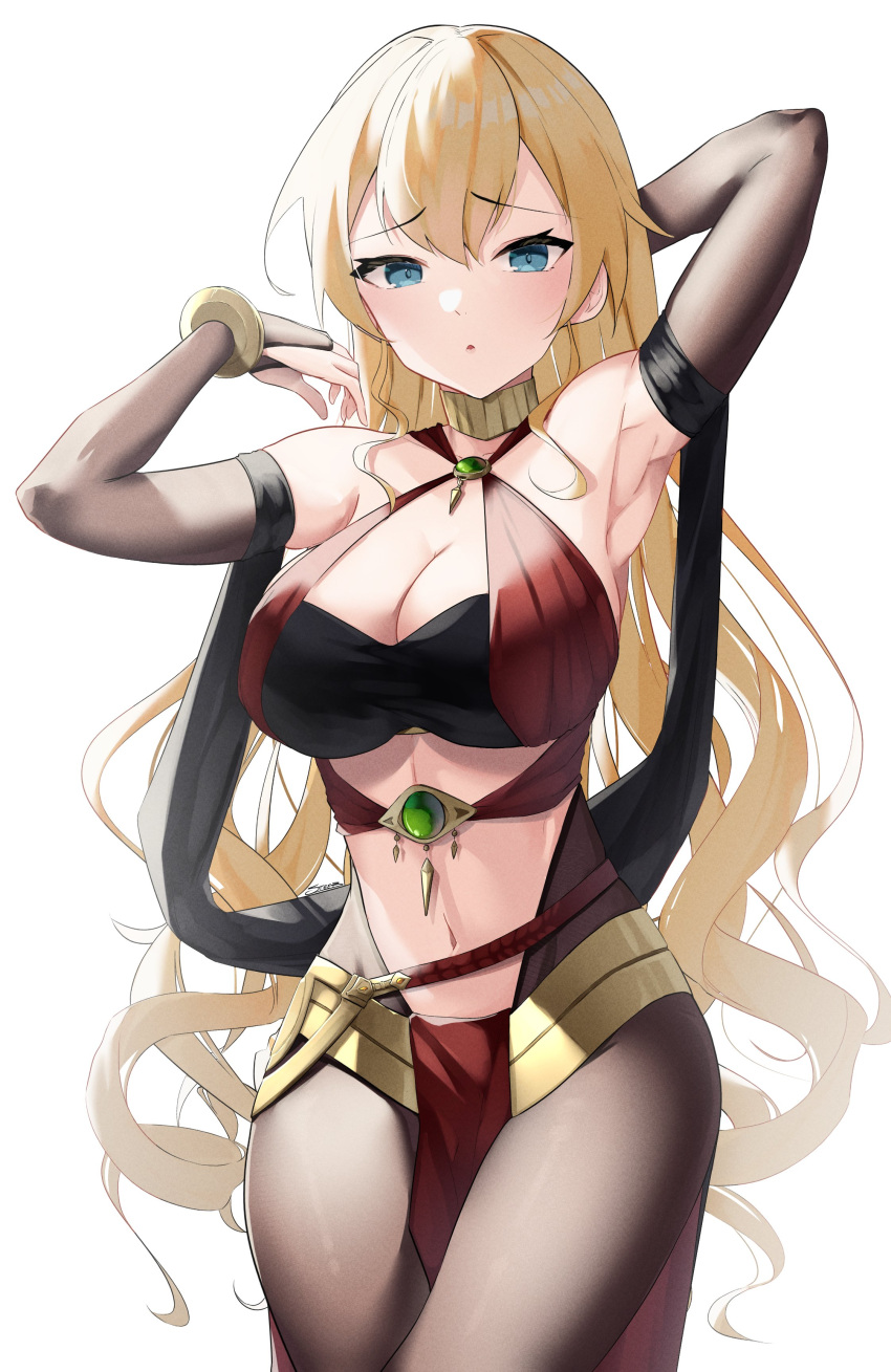 1girl absurdres armpits arms_up bandeau bangs bare_shoulders blonde_hair blue_eyes breasts bridal_gauntlets claire_harvey cleavage commentary_request cosplay criss-cross_halter dorothea_arnault dorothea_arnault_(cosplay) elbow_gloves eyebrows_visible_through_hair fire_emblem fire_emblem_heroes gloves grey_gloves grey_legwear hair_between_eyes halterneck highres hundred large_breasts long_hair looking_at_viewer navel pantyhose parted_lips simple_background solo steeb stomach thighs very_long_hair white_background