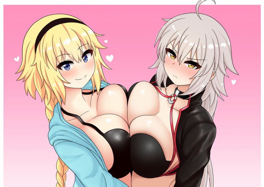 2girls blonde_hair breast_press breasts cleavage fate/grand_order fate_(series) jeanne_d'arc_(alter)_(fate) jeanne_d'arc_(alter_swimsuit_berserker)_(fate) jeanne_d'arc_(fate) jeanne_d'arc_(fate)_(all) jeanne_d'arc_(swimsuit_archer)_(fate) multiple_girls the_only_shoe yellow_eyes