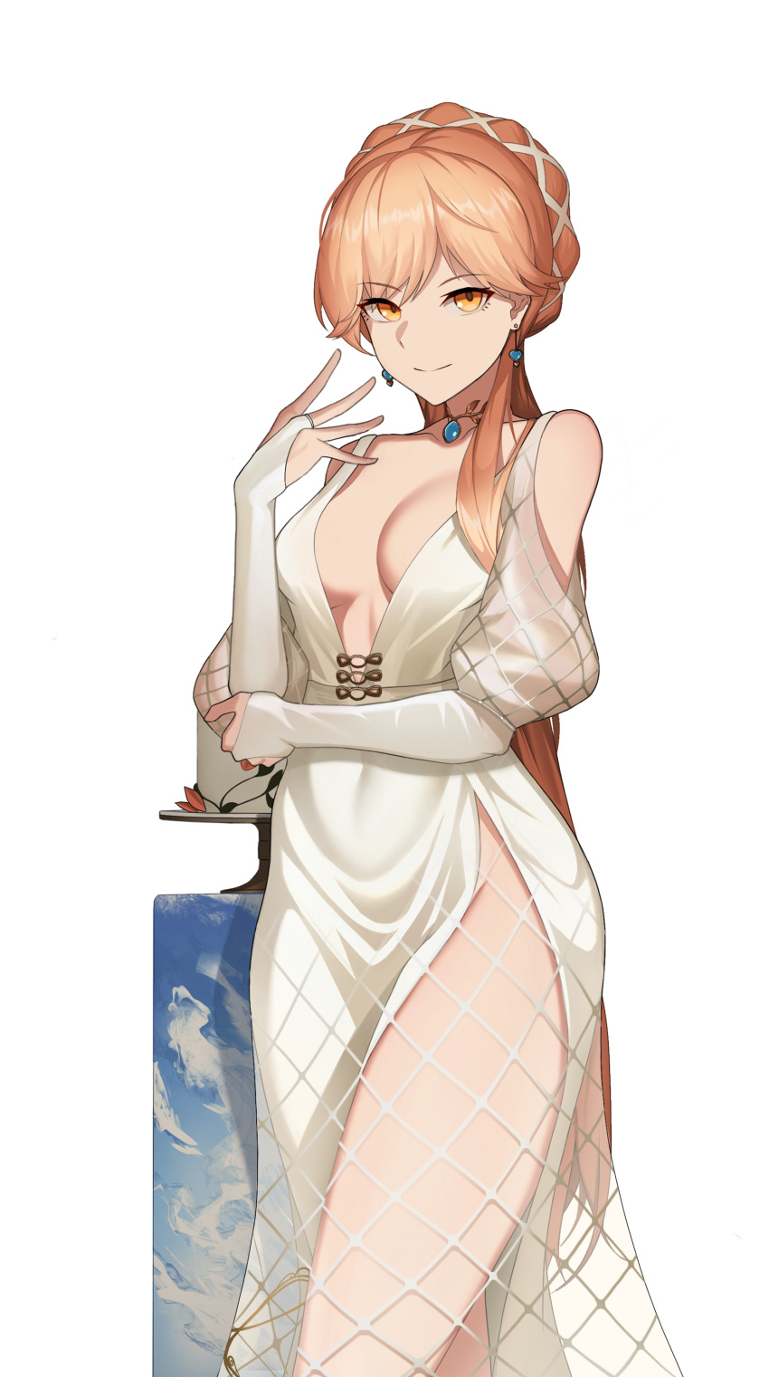 1girl absurdres bangs bare_shoulders blonde_hair breasts bridal_gauntlets cero_(last2stage) choker cleavage closed_mouth dress earrings eyebrows_visible_through_hair girls_frontline hand_up highres jewelry long_hair looking_at_viewer medium_breasts orange_eyes ots-14_(girls_frontline) short_sleeves side_slit smile solo standing thighs wedding_dress white_dress