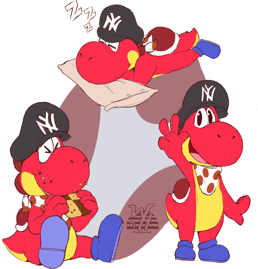 absurd_res alpha_channel anthro clothing cookie food hat headgear headwear hi_res male mario_bros nintendo pillow red_body red_yoshi simple_background sketch_page sleeping solo standing transparent_background video_games warlordhunter01 yoshi