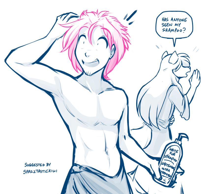 2021 anthro canid canine canis clothed clothing conditional_dnp database_error_(twokinds) dialogue duo english_text hair hi_res holding_object human keidran mammal monochrome navel open_mouth pink_hair raine_silverlock restricted_palette shampoo sketch solo_focus surprise text tom_fischbach topless topless_male towel towel_only twokinds webcomic wolf