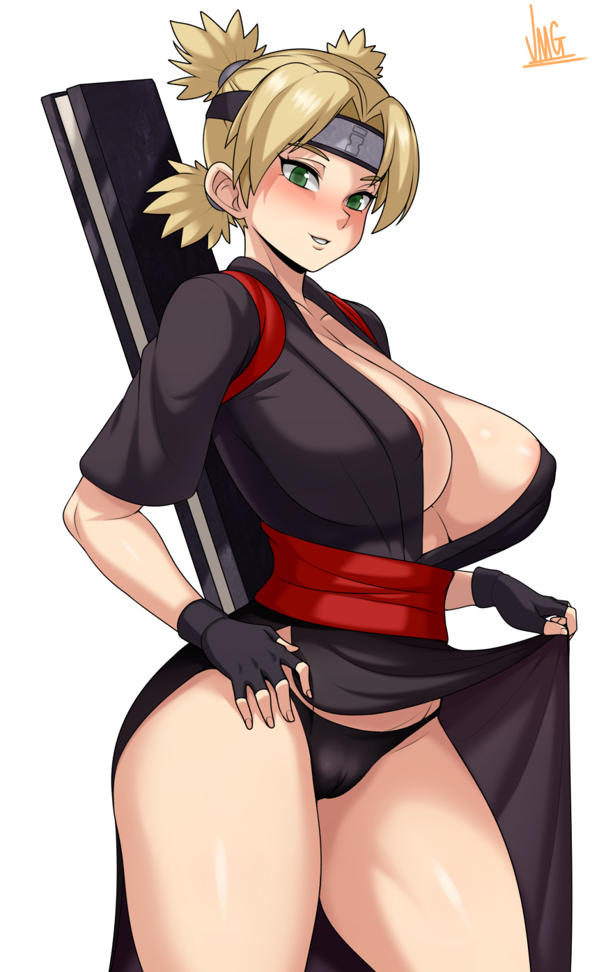 1girl :d absurdres areola_slip areolae artist_name bangs black_gloves black_panties blonde_hair breasts cameltoe collarbone dress dress_lift fingerless_gloves fingernails forehead_protector gloves green_eyes headband highres japanese_clothes jmg large_breasts looking_at_viewer naruto naruto_(series) open_mouth panties parted_bangs quad_tails short_sleeves smile solo sunagakure_symbol temari thick_thighs thighs underwear