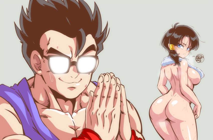 1boy 1girl ass back bare_shoulders black_hair blue_eyes blurry blush bocodamondo breasts commentary depth_of_field dimples_of_venus dragon_ball dragon_ball_z frown glasses grin hair_tubes hands_together highres looking_back medium_breasts meme muscular naked_towel nude older opaque_glasses short_hair sideboob simple_background smile son_gohan spiked_hair squiggle sweat sweatdrop towel towel_around_neck twintails videl wristband