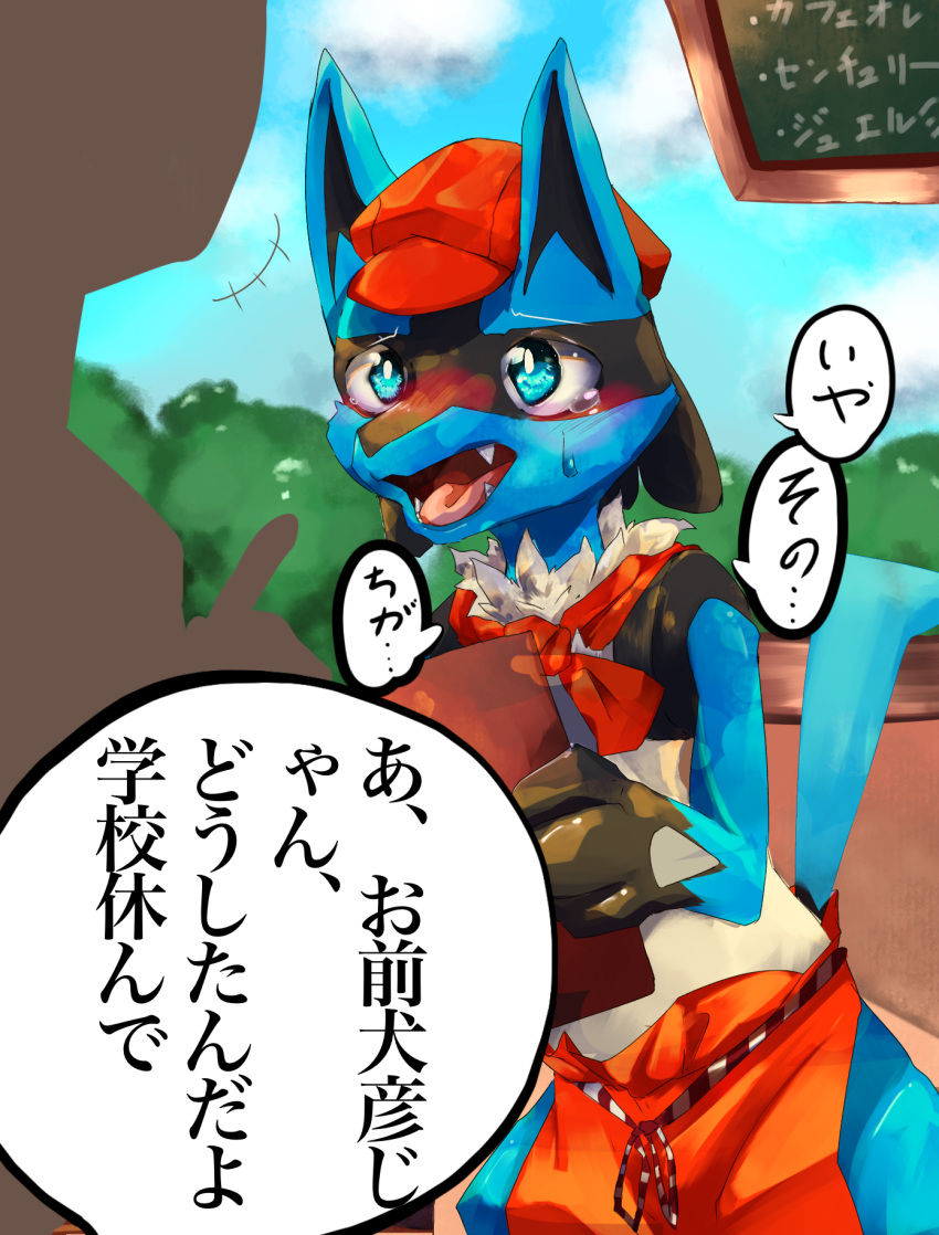 3_fingers anthro apron biped blue_body blue_eyes blue_fur blush bodily_fluids canid canine clothing duo emanata fangs fingers fur hand_spike hat headgear headwear hi_res human japanese_text looking_at_another lucario male mammal necktie nexusthelife nintendo open_mouth pok&eacute;mon pok&eacute;mon_(species) pokemon_cafe_mix red_apron red_clothing red_hat red_headwear red_necktie shaded silhouette solo_focus sweat tears text tongue translation_request video_games yellow_body yellow_fur