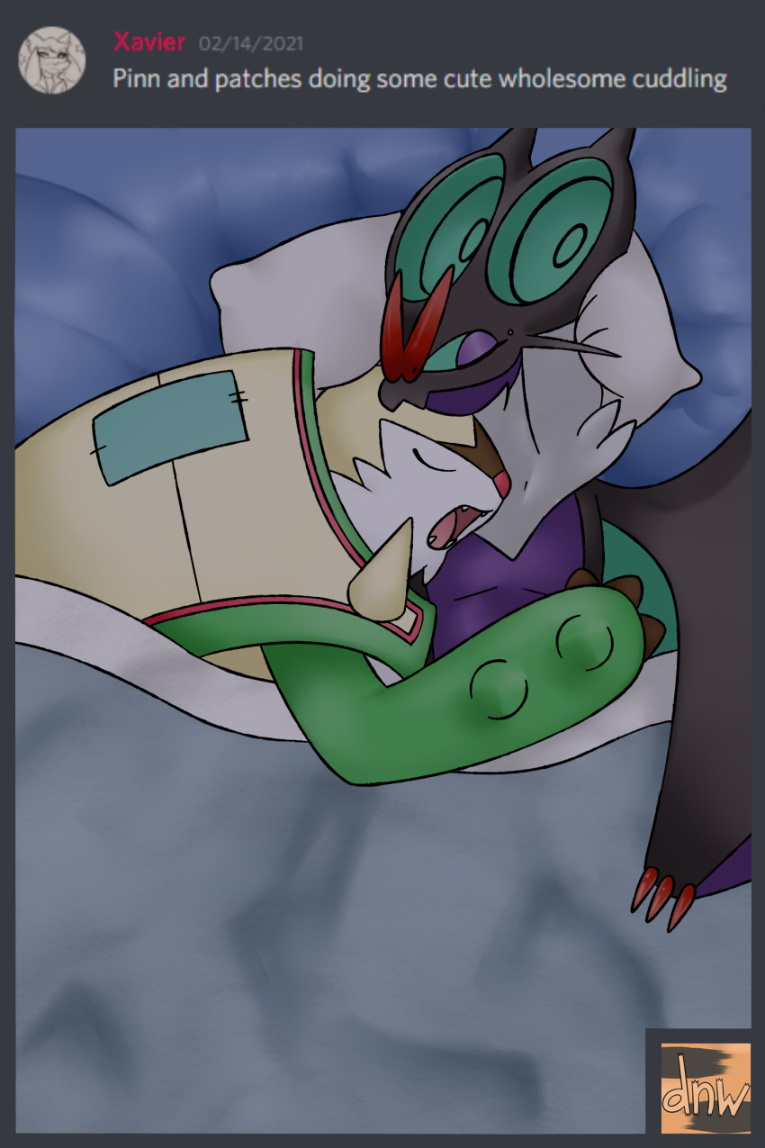 bed bedding blanket chesnaught cuddling duo eyes_closed feral fur furniture hi_res hug lying male nintendo noivern patches_(wanderlust) pillow pinn_(wanderlust) pok&eacute;mon pok&eacute;mon_(species) pok&eacute;mon_mystery_dungeon reallydarkandwindie romantic_couple sleeping smile tongue video_games wanderlust