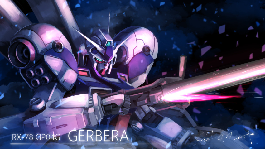 aqua_eyes character_name clenched_hand dated gun gundam gundam_0083 gundam_gp-04_gerbera holding holding_gun holding_weapon looking_down mecha mobile_suit no_humans science_fiction serike_w signature solo space v-fin weapon