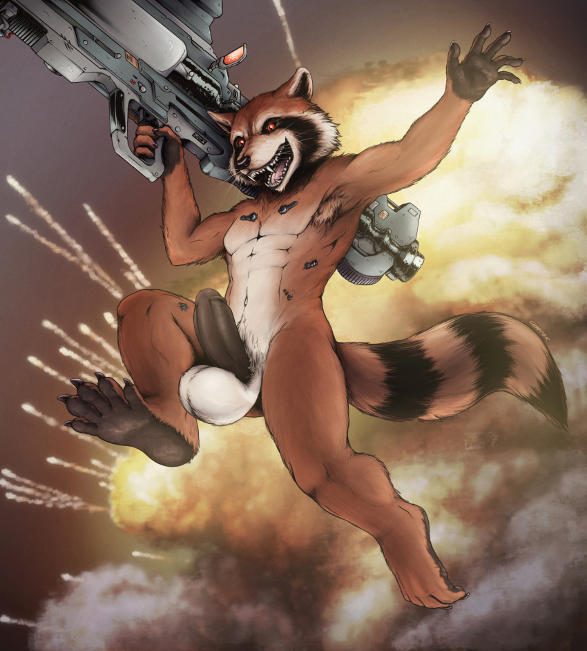 abs anthro armpit_hair athletic athletic_male balls barefoot big_balls big_penis biped body_hair corrsk digital_media_(artwork) explosion feet fur genitals guardians_of_the_galaxy hi_res holding_object holding_weapon humanoid_genitalia humanoid_penis male mammal marvel nude paws penis procyonid pubes raccoon ranged_weapon rocket_launcher rocket_raccoon solo weapon