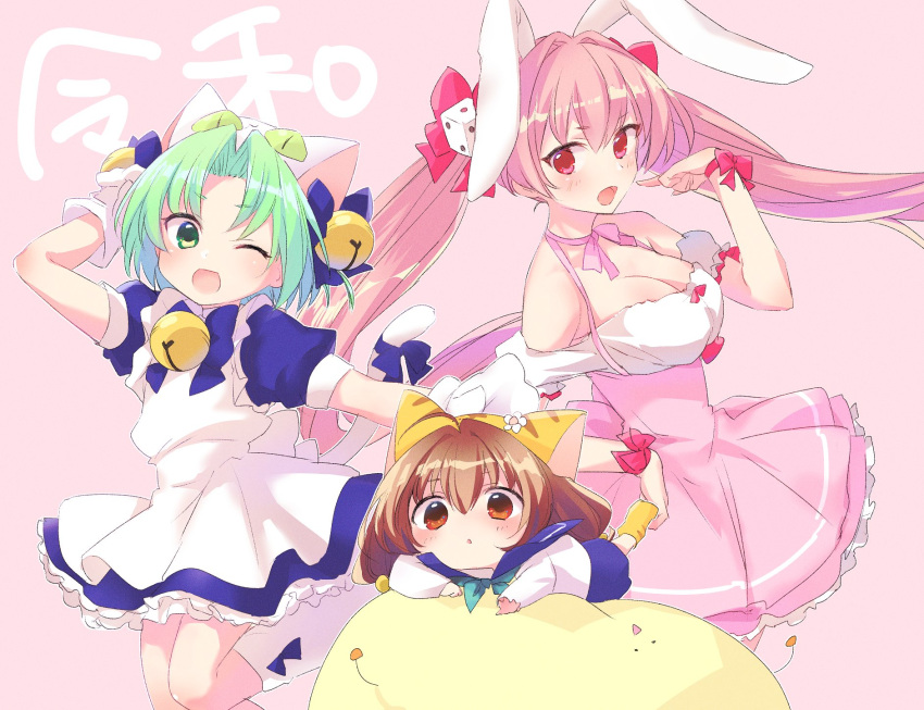 3girls animal_ears animal_hat bangs bell blue_skirt blush breasts brown_eyes brown_hair cat_hat cat_tail choker cleavage dejiko di_gi_charat dice_hair_ornament dress frilled_dress frills gloves green_eyes hair_between_eyes hair_ornament hat highres jingle_bell kyuuri_(miyako) long_hair multiple_girls one_eye_closed open_mouth parted_lips pink_background pink_hair puchiko rabbit_ears red_eyes ribbon_choker sailor_collar school_uniform serafuku short_hair simple_background skirt tail twintails usada_hikaru white_gloves