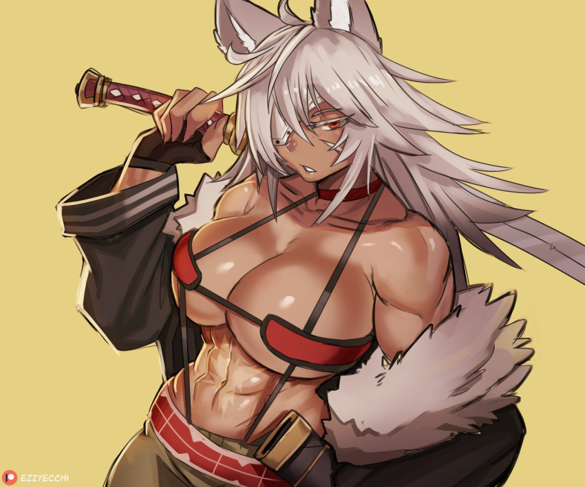 1girl abs animal_ears bandeau belt cat_ears choker cowboy_shot dark_skin dark_skinned_female eyepatch ezzyecchi fur_trim ghislaine_dedoldia green_pants highres muscular muscular_female mushoku_tensei one-eyed open_belt pants red_choker scar scar_on_cheek scar_on_face scar_on_stomach sword underwear weapon white_hair yellow_background