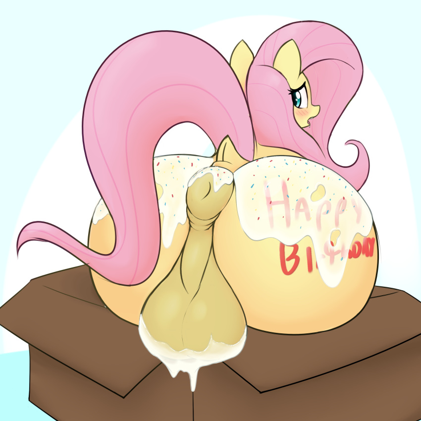 2021 absurd_res anus backsack balls blush body_writing box butt crossgender czu digital_media_(artwork) english_text equid equine feral fluttershy_(mlp) friendship_is_magic genitals hasbro hi_res looking_back male mammal my_little_pony open_mouth simple_background solo text