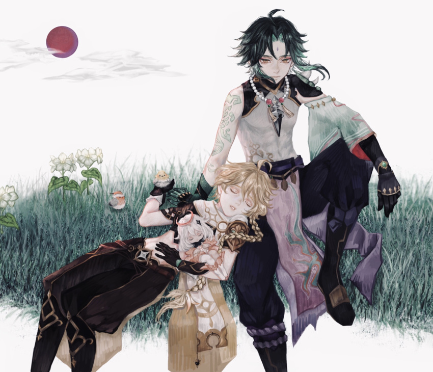 2boys aether_(genshin_impact) ahoge aqua_hair bangs black_gloves black_hair black_pants boots braid closed_eyes cloud facial_mark forehead_mark genshin_impact gloves grass highres jewelry knee_up long_hair long_sleeves looking_at_viewer lying multicolored_hair multiple_boys necklace on_back outdoors pants parted_bangs shirone_(coxo_ii) sitting sleeping sun two-tone_hair white_sky xiao_(genshin_impact)