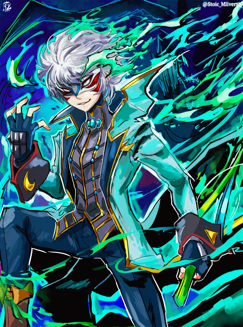 alternate_color alternate_costume alternate_eye_color amamiya_ren arsene_(persona_5) aura blank_eyes blue_gloves blue_jacket blue_pants boots chest_jewel crescent cuff_links cuffs dagger domino_mask evil_smile facial_tattoo fierce_deity fingerless_gloves gem gloves highres holding holding_weapon jacket long_sleeves mask pants persona persona_5 possessed shoes sleeve_cuffs smile stoic_seraphim super super_smash_bros. tattoo the the_legend_of_zelda the_legend_of_zelda:_majora's_mask triangle weapon white_hair