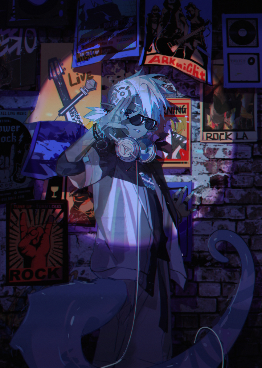 1boy arknights bracelet brick_wall chameleon_tail ethan_(arknights) flashback glasses headphones headphones_around_neck highres jewelry kanose looking_at_viewer pants poster_(object) shirt solo tail tongue tongue_out white_hair
