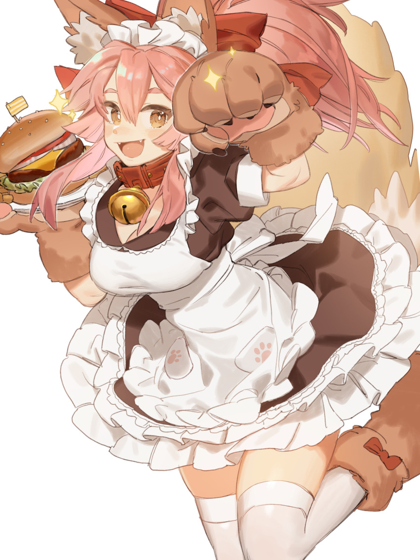 1girl :d absurdres animal_ears apron bell blush breasts dress fang fate/extra fate/grand_order fate_(series) food foot_out_of_frame fox_ears fox_girl fox_tail frilled_dress frills gloves hamburger highres holding holding_plate horikwawataru jingle_bell large_breasts long_hair looking_at_viewer maid_apron maid_headdress neck_bell open_mouth paw_gloves paw_pose paws pink_hair plate ponytail sidelocks smile socks solo sparkle tail tamamo_(fate)_(all) tamamo_cat_(fate) thighhighs yellow_eyes