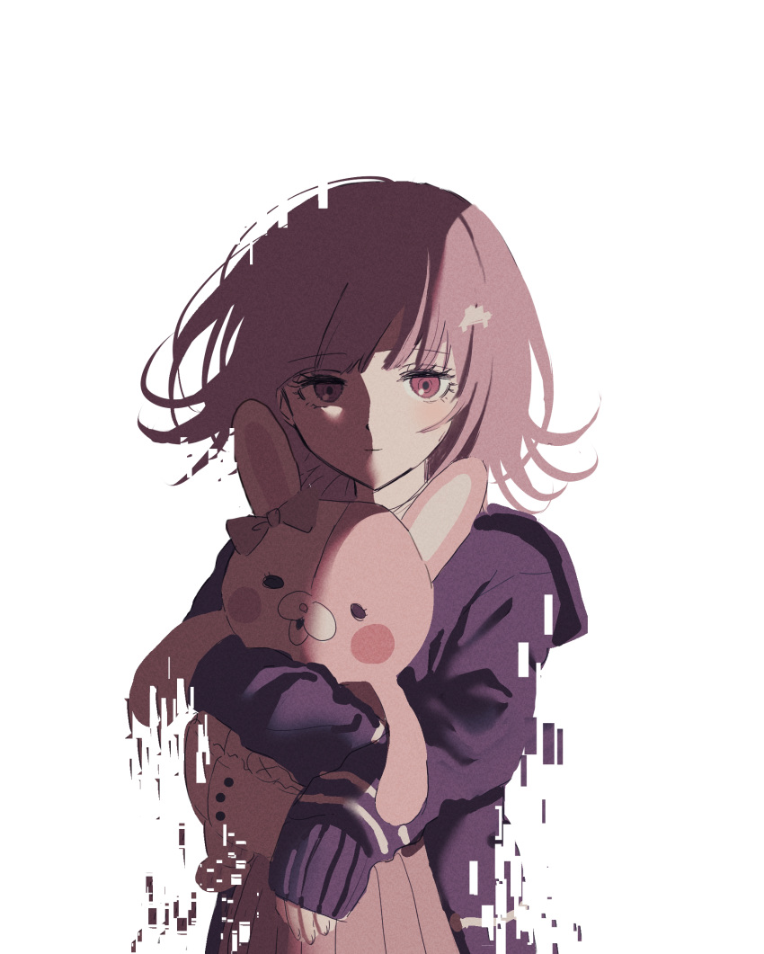 1girl bangs blush_stickers bow danganronpa_(series) danganronpa_2:_goodbye_despair diaper digital_dissolve doll_hug ear_bow highres holding hood hood_down hooded_jacket hug jacket long_sleeves looking_at_viewer medium_hair mochi_(yuriraru) monomi_(danganronpa) nanami_chiaki pink_bow pink_hair purple_jacket skirt sleeves_past_wrists smile solo spaceship_hair_ornament upper_body white_background