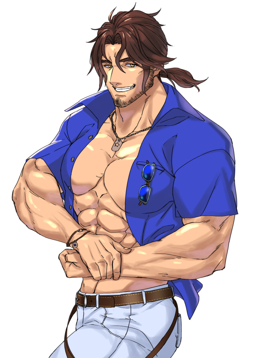 1boy abs alternate_costume bara beard belmond_banderas blue_shirt brown_eyes brown_hair cowboy_shot eyewear_removed facial_hair flexing grin highres k_ei3k large_pectorals looking_at_viewer male_cleavage male_focus mature_male medium_hair muscular muscular_male nijisanji open_clothes open_shirt pose shirt smile solo stomach stubble tied_hair