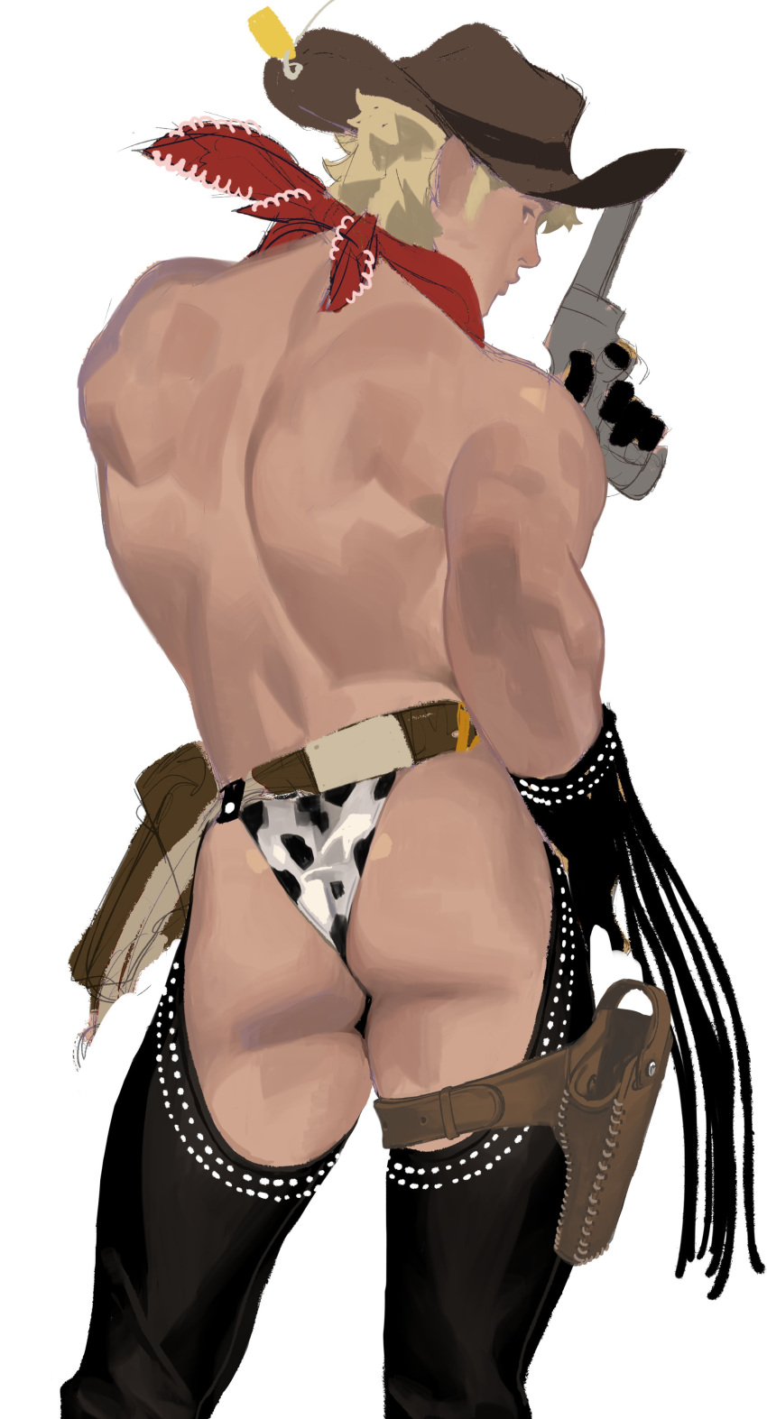 1boy absurdres animal_print ass back bara black_pants blonde_hair character_request check_character check_copyright copyright_request cow_boy cow_print cowboy crossdressing crotchless crotchless_pants feet_out_of_frame from_behind gun highres holding holding_gun holding_weapon horikwawataru looking_at_viewer looking_back male_focus muscular muscular_male original panties pants print_panties shirtless short_hair sideburns solo thick_thighs thighs underwear weapon western