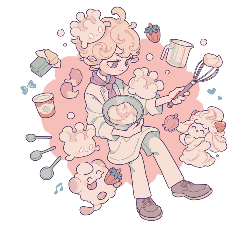 1boy ahoge alcremie alcremie_(strawberry_sweet) alternate_costume ascot bangs bede_(pokemon) berry_(pokemon) blonde_hair bow butter closed_mouth commentary_request curly_hair food gen_6_pokemon gen_8_pokemon grey_eyes heart holding holding_spoon holding_whisk jug male_focus milcery mixing_bowl musical_note pants pokemon pokemon_(creature) pokemon_(game) pokemon_swsh pot shiroimoufu shoes smile spoon swirlix whipped_cream