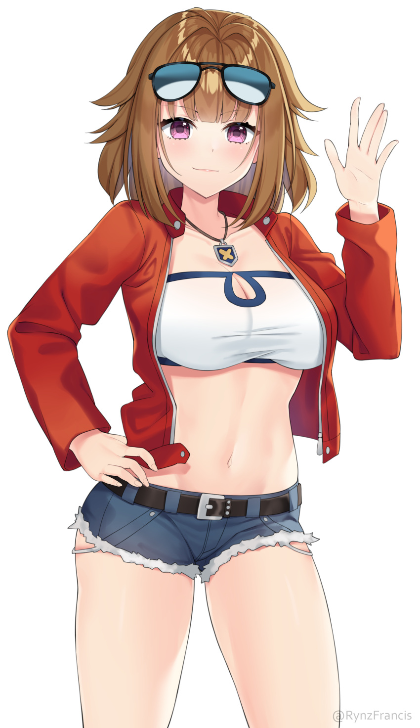 1girl absurdres bandeau bangs belt black_belt blush breasts brown_hair cleavage commentary commission cosplay cowboy_shot cutoffs denim denim_shorts english_commentary eyebrows_visible_through_hair eyewear_on_head fate/apocrypha fate_(series) girls_frontline grizzly_mkv_(girls_frontline) hair_intakes hand_on_hip hand_up highres jacket jewelry large_breasts long_sleeves looking_at_viewer micro_shorts midriff mordred_(fate) mordred_(fate)_(all) mordred_(fate)_(cosplay) navel necklace open_clothes open_jacket purple_eyes red_jacket rynzfrancis short_hair shorts simple_background smile solo standing stomach strapless sunglasses thighs tubetop white_background