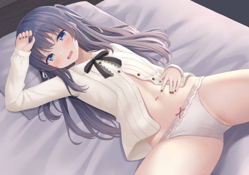 1girl arm_up bed black_hair blue_eyes collared_shirt frown hair_ribbon hand_on_own_stomach karutamo long_hair looking_at_viewer lying navel neck_ribbon no_pants on_back on_bed open_mouth original panties partially_unbuttoned pillow rakugaki-chan ribbon shirt solo spread_legs spread_navel stomach thighs two_side_up underwear v-shaped_eyebrows white_panties white_shirt