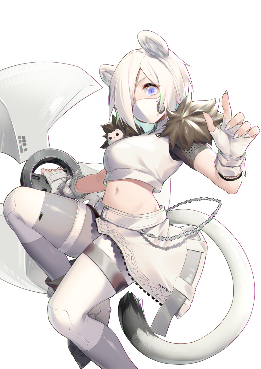 animal_ears arknights garter jiusan_naitan mecha_musume shirayuki_(arknights) skirt_lift tagme tail weapon