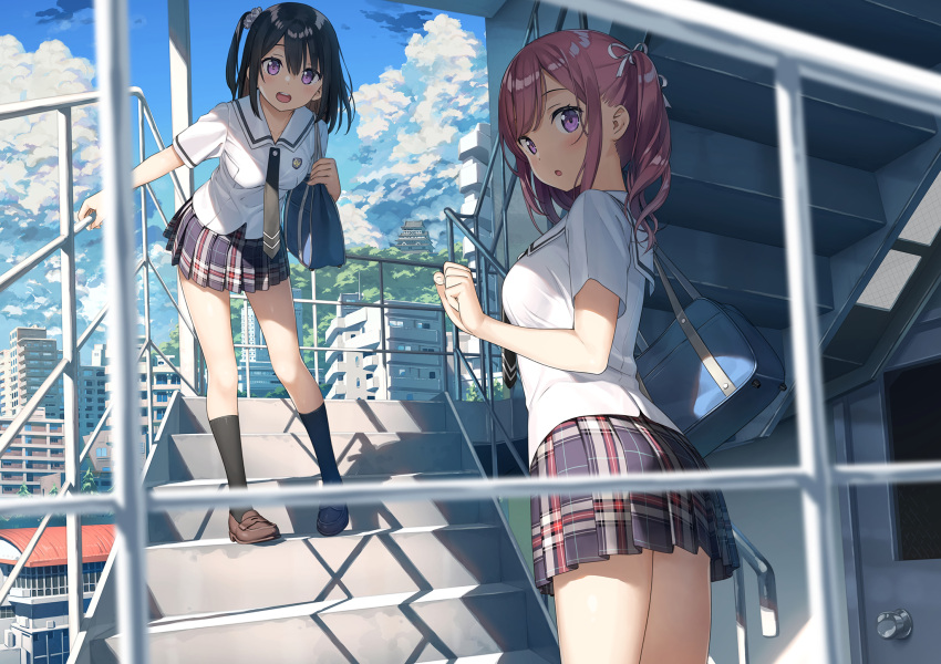 2girls black_hair building city clouds kantoku kneehighs original purple_eyes purple_hair school_uniform skirt sky stairs twintails