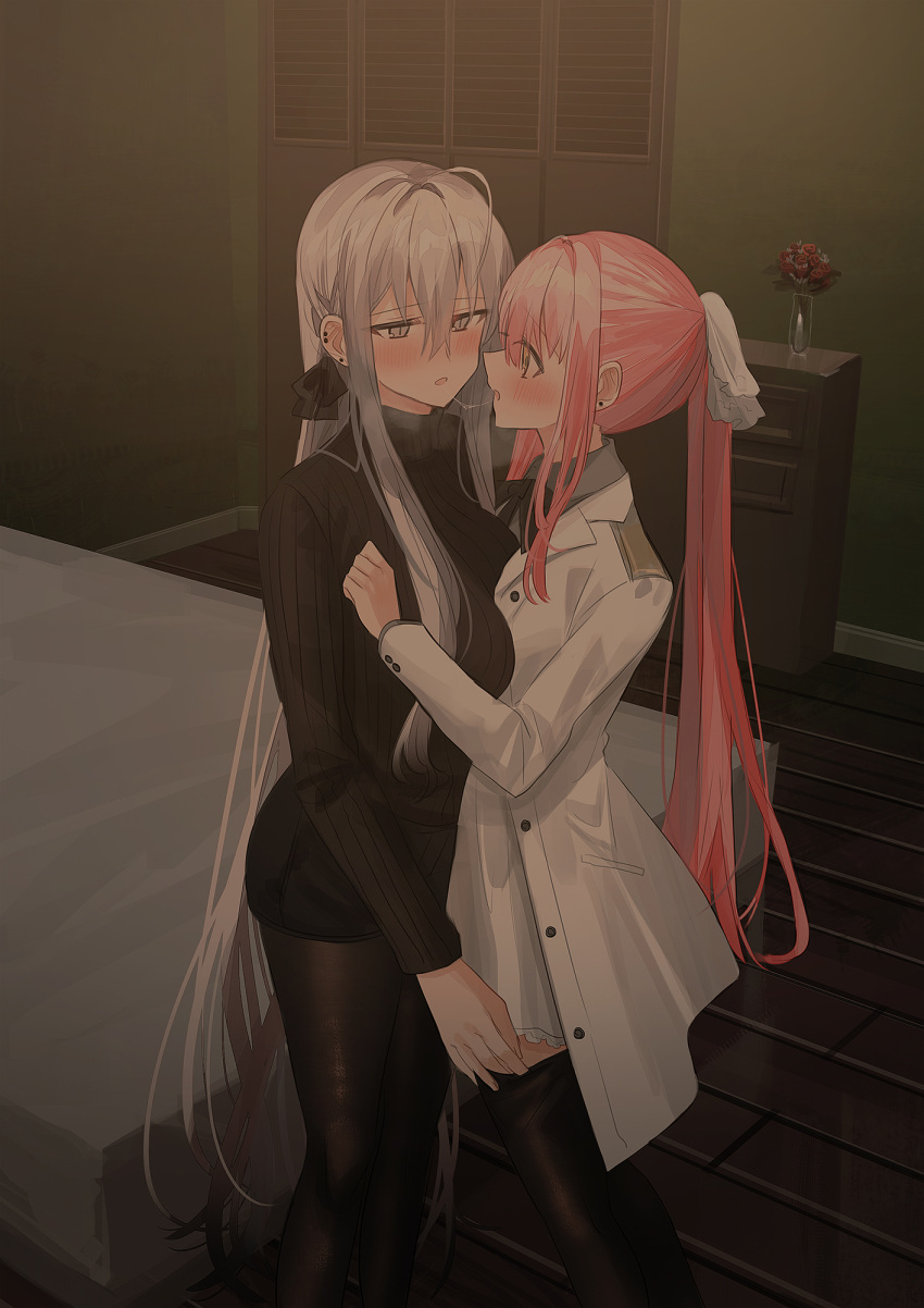 2girls ahoge bangs bed black_bow black_legwear black_shorts black_sweater blush bow breasts brown_eyes chihuri collared_shirt commentary_request ear_piercing earrings eye_contact eyebrows_visible_through_hair feet_out_of_frame flower grey_eyes grey_hair grey_shirt hair_between_eyes hair_bow highres indoors jacket jewelry legwear_under_shorts long_hair looking_at_another medium_breasts military_jacket multiple_girls open_clothes open_jacket original parted_lips piercing pink_hair ponytail profile red_flower red_rose ribbed_sweater rose saliva saliva_trail shirt short_shorts shorts skirt stud_earrings sweater thighhighs thighhighs_pull vase very_long_hair white_flower white_jacket white_skirt wooden_floor yana_(chihuri) yuri zoya_petrovna_vecheslova