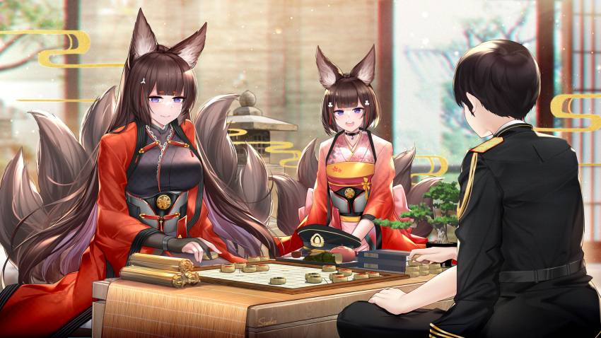 1boy 2girls :d amagi_(azur_lane) animal_ears azur_lane bangs black_gloves black_hair blunt_bangs blurry board_game choker commander_(azur_lane) commentary_request depth_of_field eyebrows_visible_through_hair eyeshadow fingerless_gloves fox_ears fox_girl fox_tail gloves hair_ornament hat hat_removed headwear_removed highres japanese_clothes kimono kyuubi long_hair looking_at_another makeup military military_uniform mother_and_daughter multiple_girls multiple_tails naval_uniform obi open_mouth original peaked_cap purple_eyes sash short_hair shouji sidelocks sliding_doors smile stardust_(chen'ai_weiding) table tail thick_eyebrows uniform wide_sleeves xiangqi