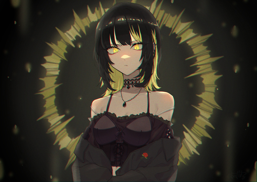 1girl absurdres ageharuuu black_hair black_jacket blonde_hair bra_strap breasts choker collarbone crop_top expressionless floral_print highres huge_filesize idolmaster idolmaster_shiny_colors ikaruga_luca jacket jewelry lace-trimmed_choker lace_trim looking_at_viewer looking_down midriff multicolored_hair necklace off-shoulder_shirt off_shoulder open_clothes open_jacket rose_print shirt small_breasts solo strap_slip streaked_hair sun_(symbol) upper_body yellow_eyes