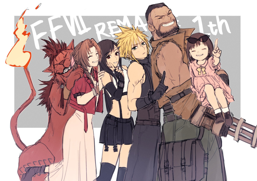 3boys 3girls aerith_gainsborough ah_yoshimizu anniversary arm_cannon barret_wallace beard black_gloves black_hair blonde_hair brown_hair cloud_strife cropped_jacket dark_skin dark_skinned_male dress eyewear_on_head facial_hair final_fantasy final_fantasy_vii final_fantasy_vii_remake gloves hands_on_another's_shoulders highres index_finger_raised looking_at_viewer marlene_wallace midriff multiple_boys multiple_girls navel pink_dress red_hair red_xiii skirt sleeveless smile spiked_hair stomach sunglasses thighhighs tifa_lockhart weapon