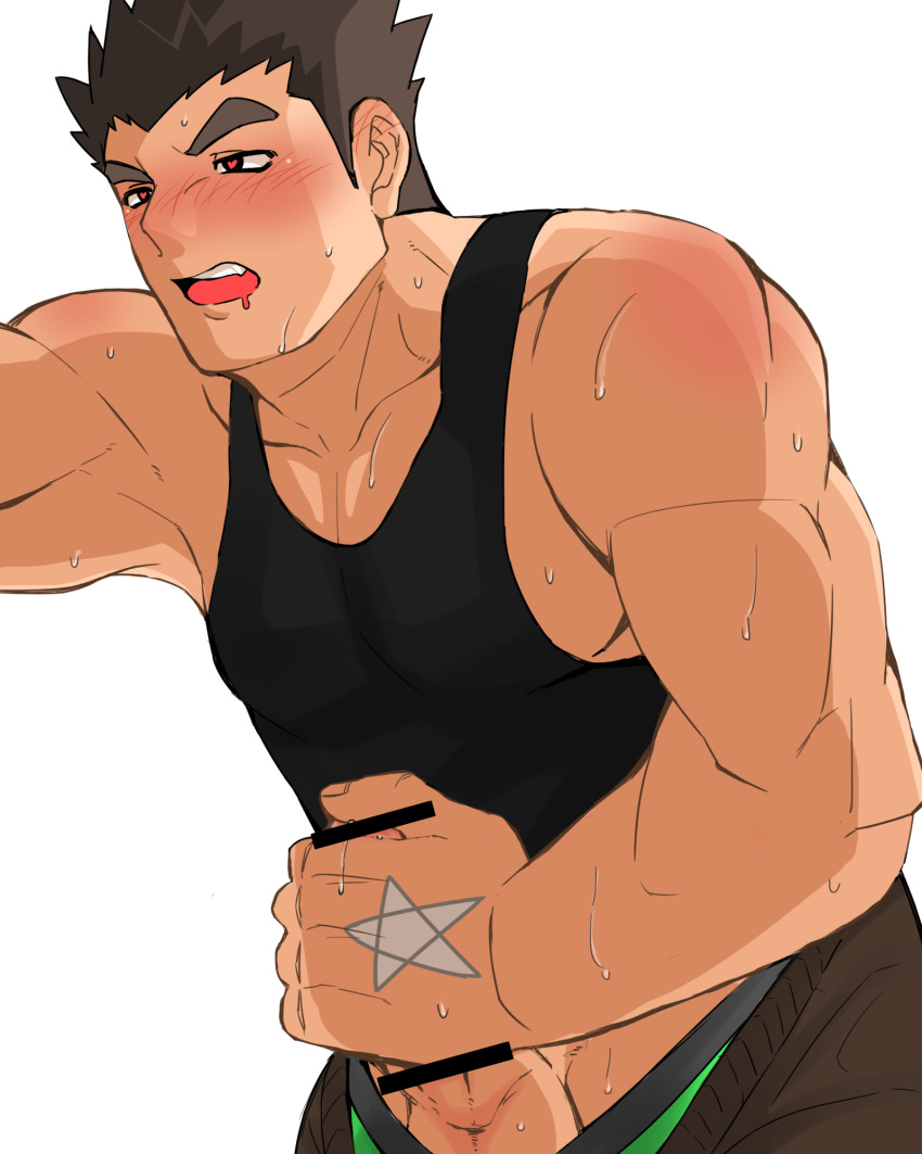 1boy bar_censor bara bare_shoulders black_tank_top blush censored clothes_pull cowboy_shot erection heart heart-shaped_pupils highres k_ei3k large_pectorals leaning_forward male_cleavage male_focus male_masturbation male_pubic_hair master_3_(tokyo_houkago_summoners) masturbation mouth_drool muscular muscular_male pants pants_pull penis pubic_hair short_hair sideburns sidepec solo sweat symbol-shaped_pupils tank_top testicles tokyo_houkago_summoners
