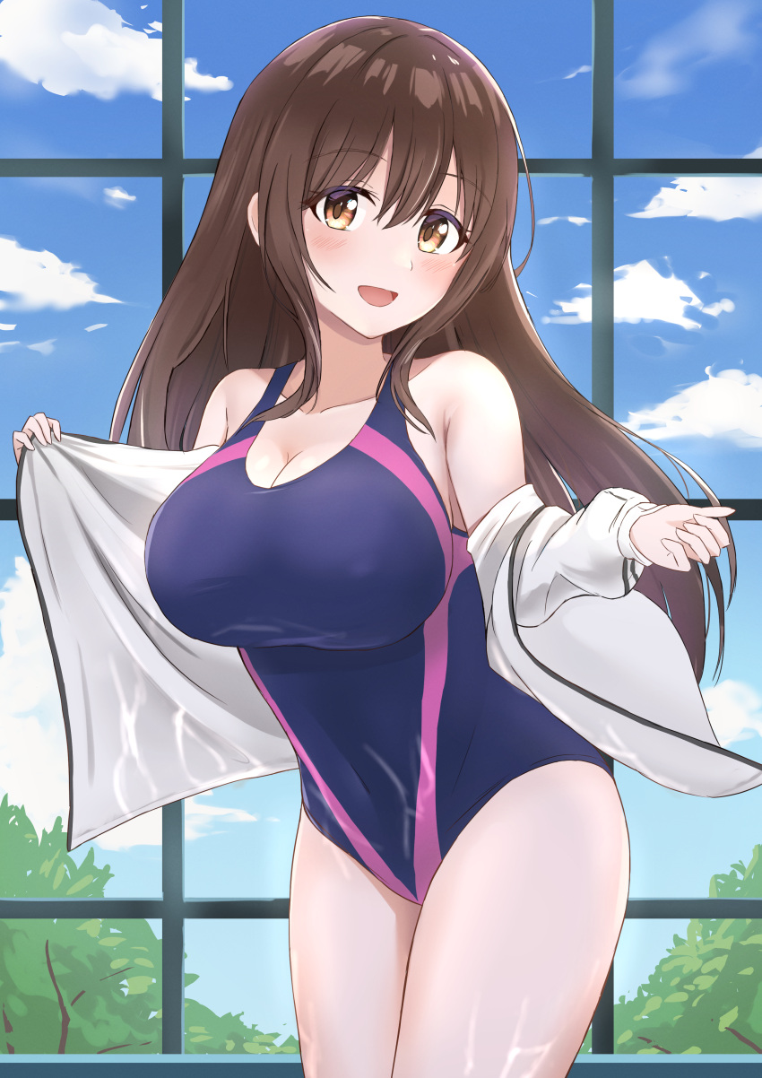 1girl :d absurdres armpit_crease bangs bare_shoulders blue_sky blue_swimsuit blush breasts brown_eyes brown_hair cleavage cloud collarbone commentary competition_swimsuit covered_navel cowboy_shot day eyebrows_visible_through_hair glass_wall hair_between_eyes highres indoors io_(princess_connect!) io_(real)_(princess_connect!) jacket large_breasts long_hair looking_at_viewer off_shoulder one-piece_swimsuit open_mouth princess_connect! princess_connect!_re:dive sidelocks sky smile solo standing swimsuit taut_clothes taut_swimsuit tree wet wet_clothes wet_swimsuit white_jacket yanazawa_ko