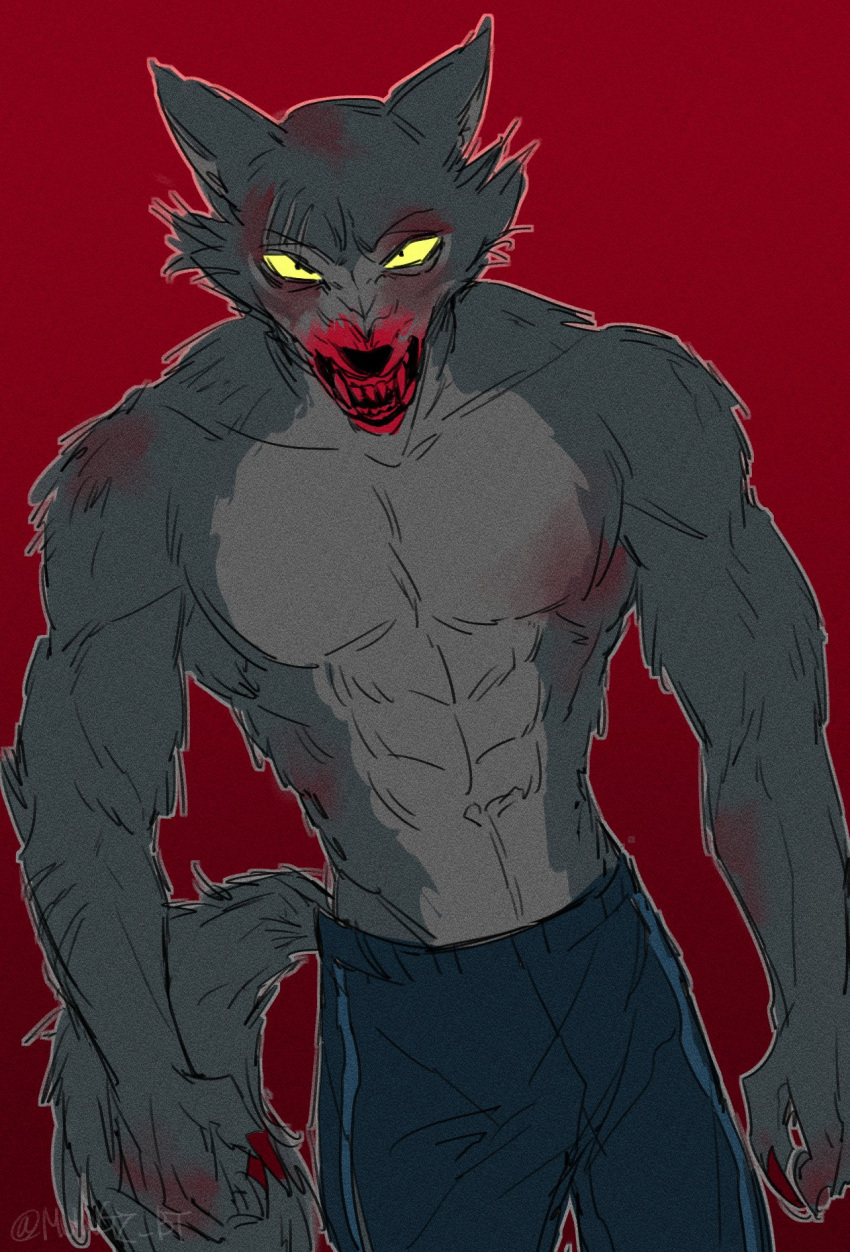 abs angry anthro baring_teeth beastars blood bodily_fluids bottomwear canid canine canis clothed clothing hi_res legoshi_(beastars) looking_at_viewer male mammal mungz_bt muscular muscular_anthro muscular_male pants red_background scar simple_background solo teeth topless topless_male wolf yellow_eyes