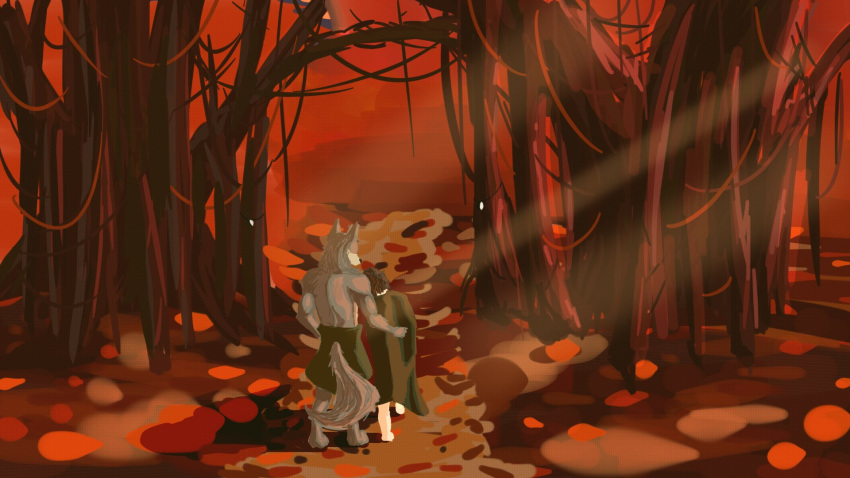 16:9 anthro autumn barefoot caelan_(far_beyond_the_world) canid canine canis cape clothed clothing detailed_background duo far_beyond_the_world_(series) feet fluffy fluffy_tail forest forest_background hi_res hug human light male mammal nature nature_background partially_clothed plant ranok_(far_beyond_the_world) sun_rays sunlight theblindori topless topless_male tree video_games vines visual_novel widescreen wolf