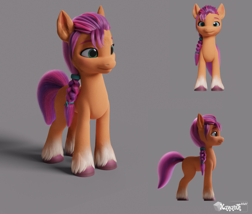 3d_(artwork) digital_media_(artwork) earth_pony equid equine female feral fetlocks front_view green_eyes hair hasbro hi_res hooves horse lightningflame mammal mlp_g5 my_little_pony orange_body pony ponytail purple_hair purple_hooves side_view snout solo sunny_starscout_(mlp) white_body xanaeth