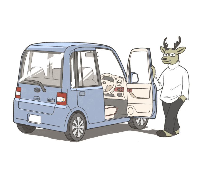 anthro antlers barefoot black_bottomwear black_clothing black_pants blue_car bottomwear brown_body brown_fur car cervid clothing daihatsu_motors eyewear feet fur glasses hands_in_pocket heyitscousindave hi_res horn kakukaku_shikajika_(daihatsu_motors) male mammal open_mouth pants right_hand_drive shikajika shirt simple_background smile solo steering_wheel teeth_showing topwear turtleneck vehicle white_background white_clothing white_shirt white_topwear white_turtleneck