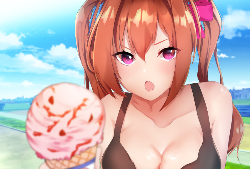 1girl :o absurdres bare_shoulders black_shirt blue_sky blush bow breasts brown_hair cleavage cloud collarbone commentary_request daiwa_scarlet_(umamusume) day fang food food_focus hair_between_eyes hair_bow highres ice_cream ice_cream_cone kawazurana large_breasts long_hair looking_at_viewer offering outdoors pink_bow purple_eyes shirt sky sleeveless sleeveless_shirt solo twintails umamusume upper_body